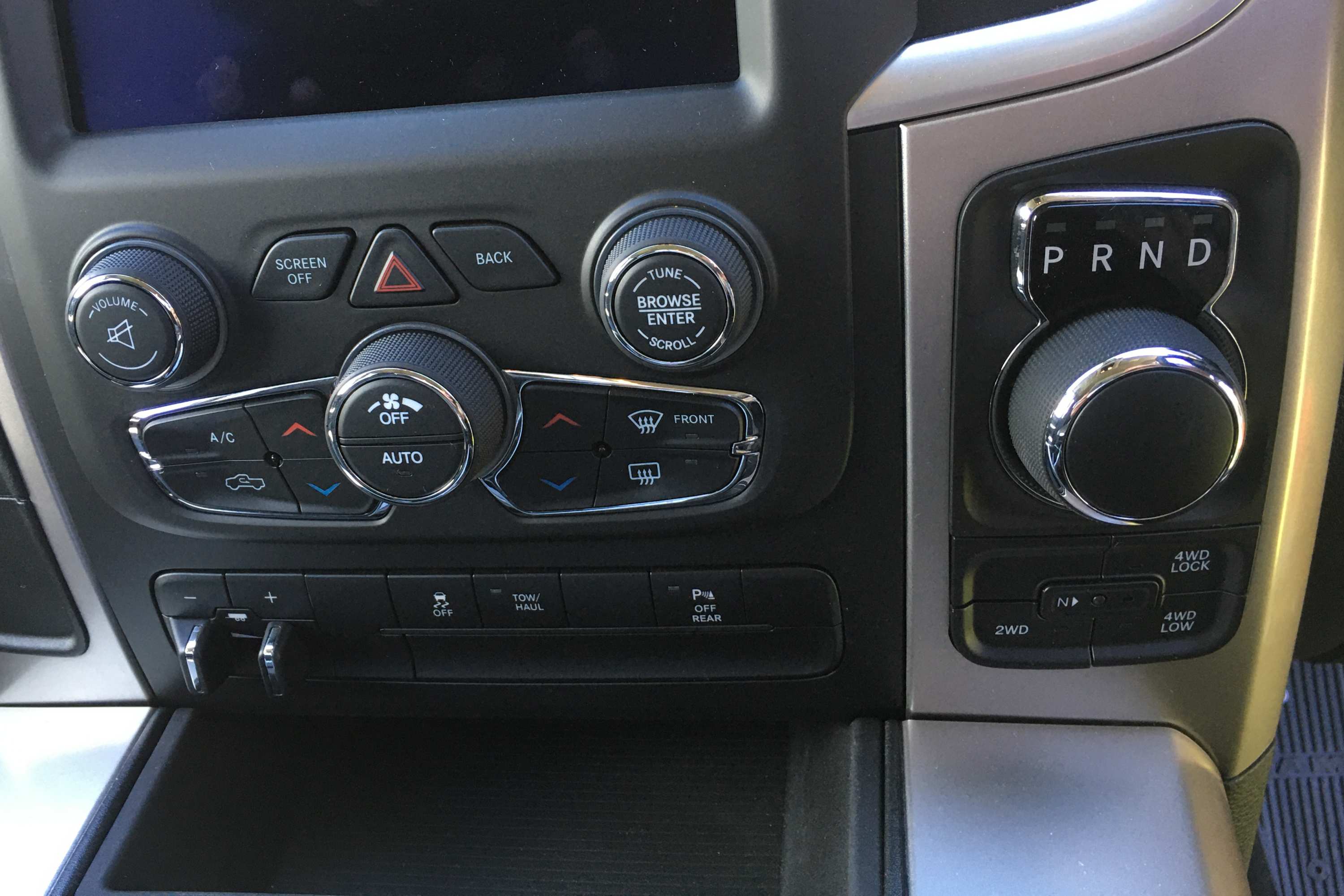 RAM 1500 Warlock 4WD selector and AC controls